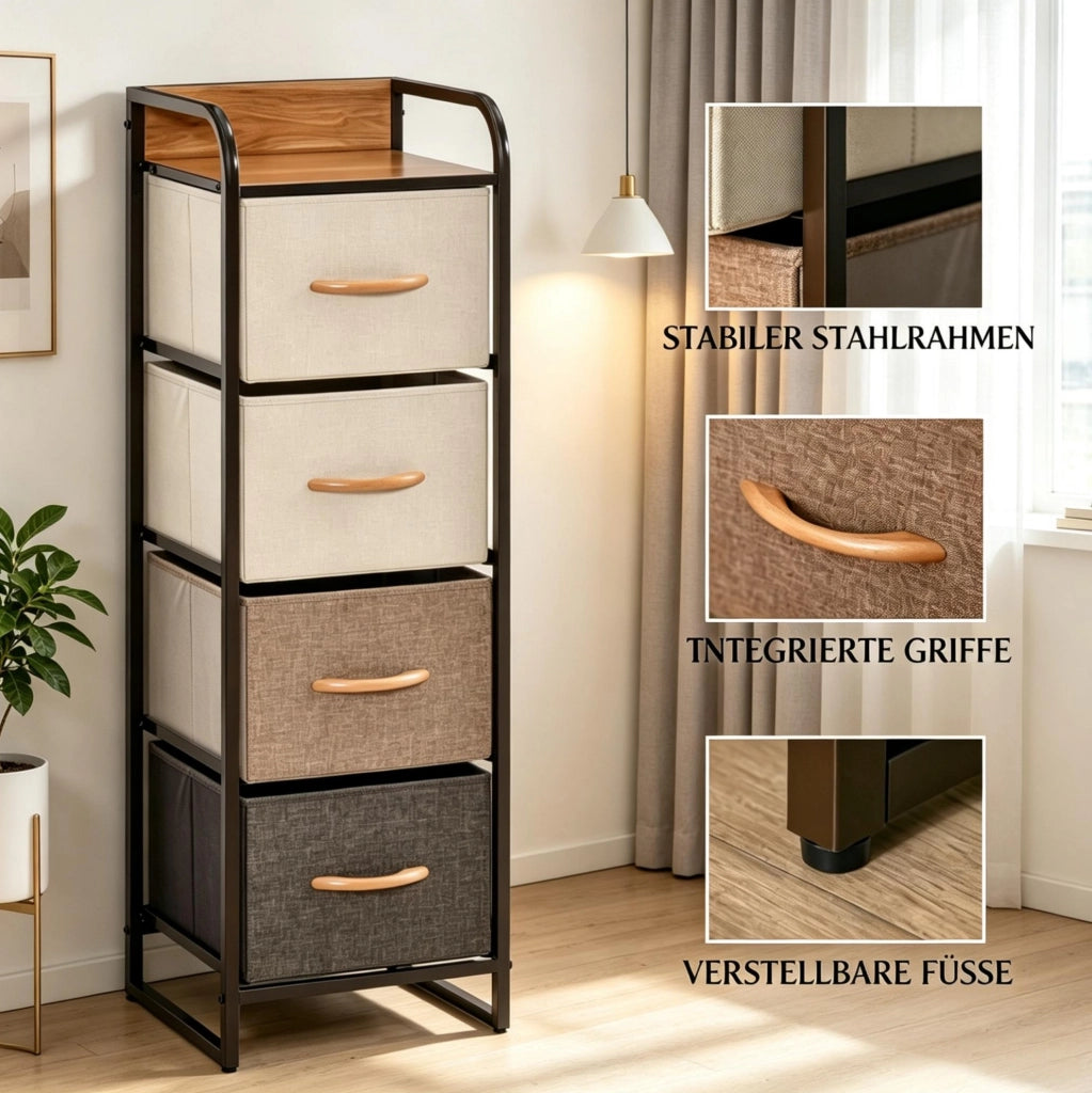 Cassettiera beige e marrone con 4 cassetti pieghevoli