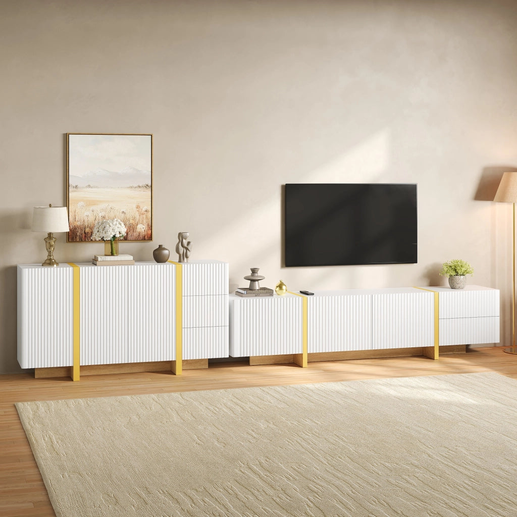 Set mobile TV e credenza bianco con frontali scanalati in MDF e truciolare
