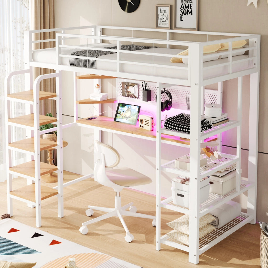 Letti a soppalco per bambini 90x200 cm con scrivania, scala e LED in metallo bianco per cameretta, senza materasso