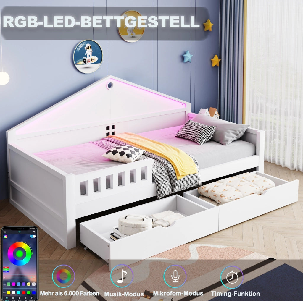 Letto singolo per bambini 90x200 cm bianco in legno con 2 cassetti, LED e rete a doghe, per cameretta, senza materasso
