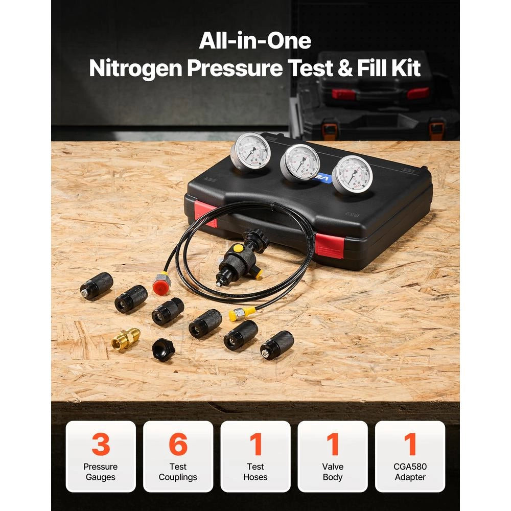 Kit Ricarica Accumulatore Azoto YS-0200D, Set Prova Pressione Idraulica con 3 Manometri 1500 4000 6000 PSI, 6 Adattatori e Tubo 2 m Robusto