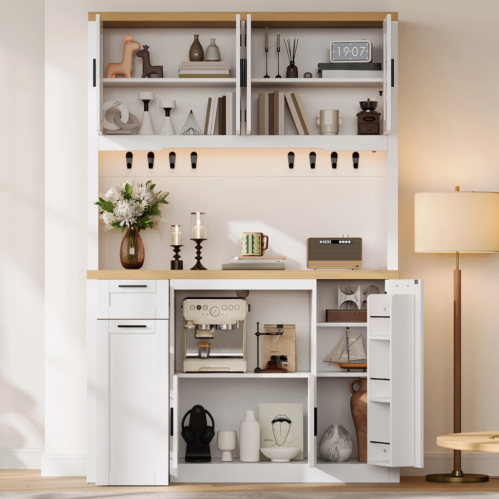 Mobile dispensa da cucina bianco e naturale con LED, prese e ripiani regolabili