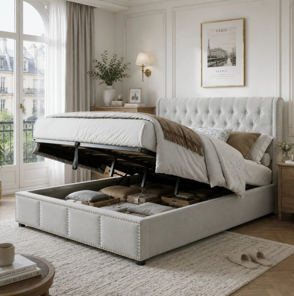Letto in cotone e lino 140x200 cm con base a doghe, contenitore e leva idraulica, senza materasso