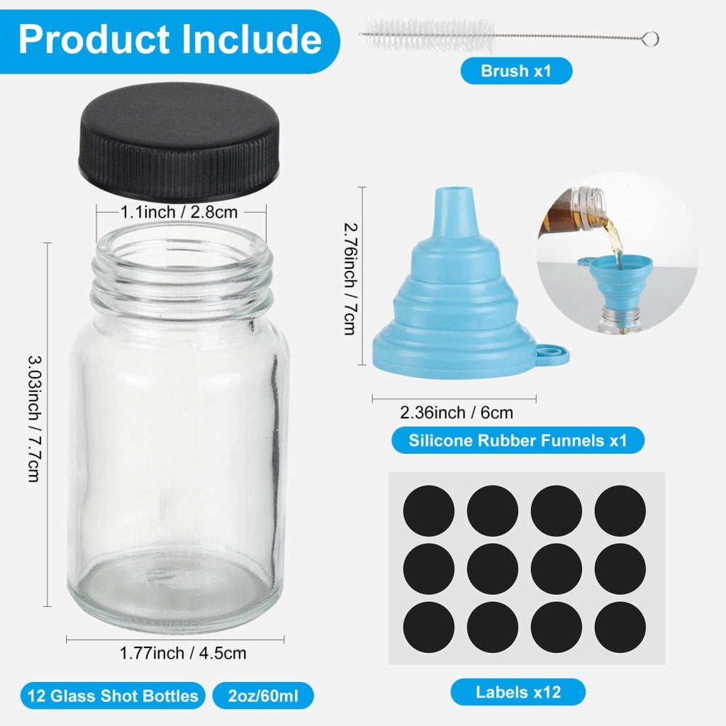 Set da 12 flaconi di vetro da 60 ml con tappo ed etichette, riutilizzabili