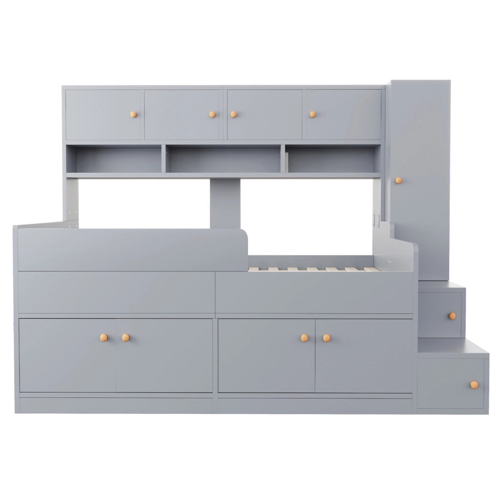 Letto salvaspazio con armadio integrato 90x200 cm; scala contenitore e LED multicolore; grigio per cameretta