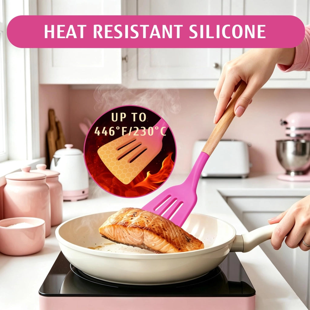 Set di accessori da cucina, 10 pezzi, in silicone, con manici in legno, colore rosa