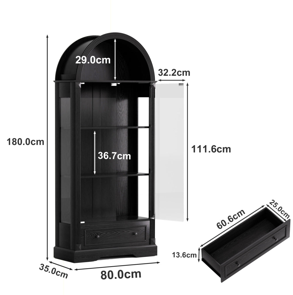 Vetrina ad Arco con Ante in Vetro Temperato e LED a Sensore di Movimento in Legno e Vetro 180 cm Nera per Soggiorno