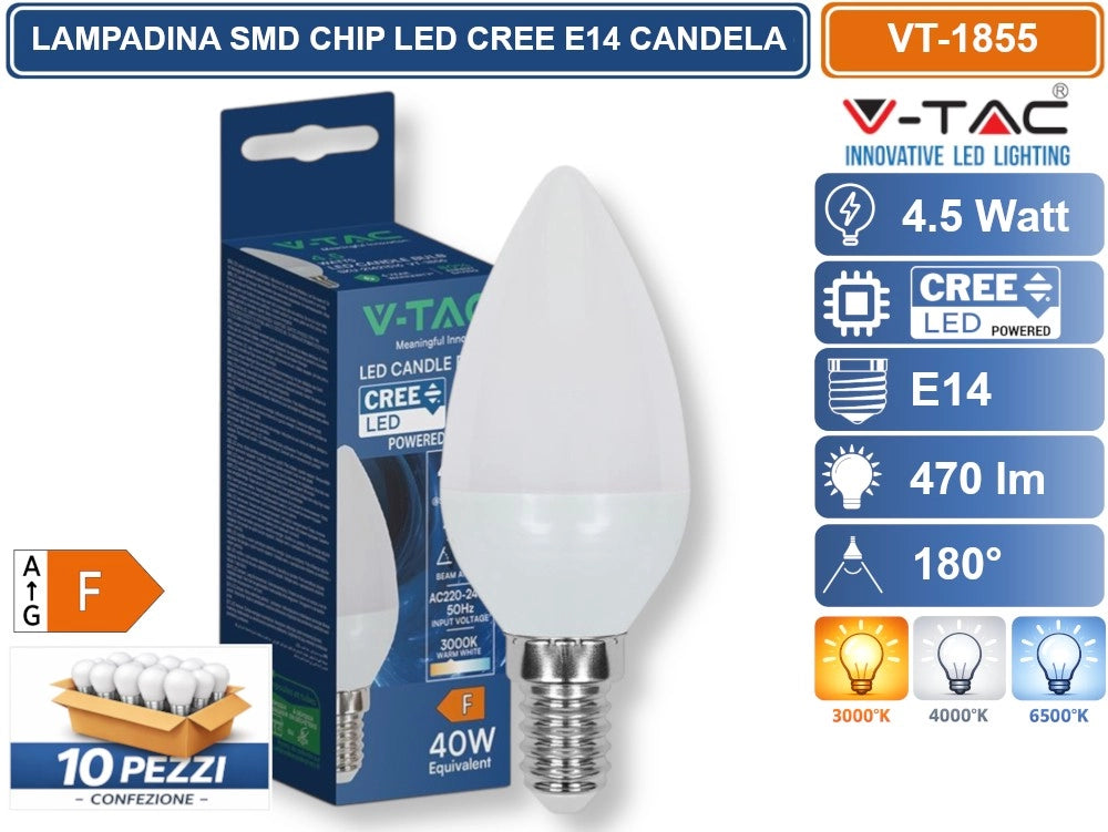 10 PEZZI V-TAC VT-1855 LAMPADINA LED E14 4,5W CANDELA C37 SMD CHIP CREE - Colore Luce:Bianco Freddo