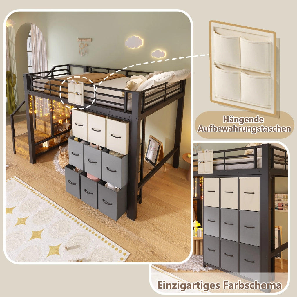 Letto a soppalco 140x200 cm in metallo e MDF con contenitori