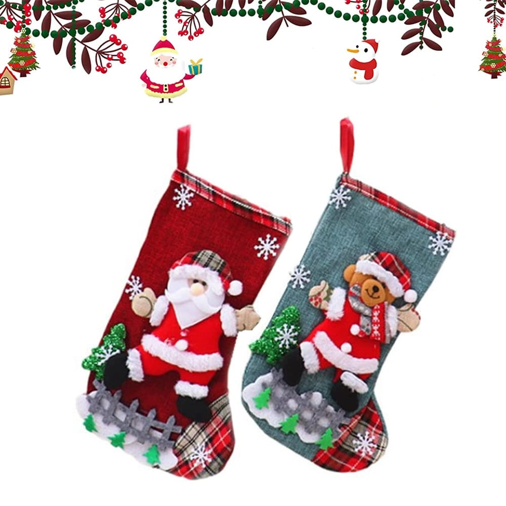 2 calze natalizie, con decorazioni a tema natalizio (Babbo Natale e orso), dimensioni 31x19 cm, realizzate in iuta, colore rosso e verde