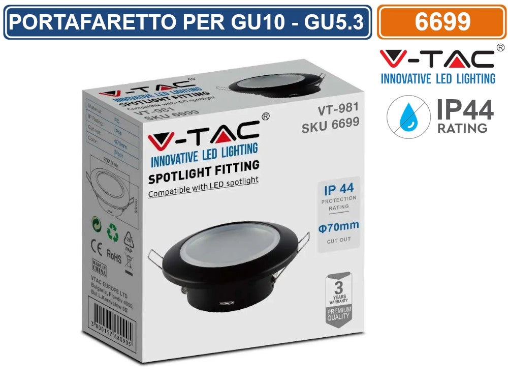 V-TAC VT-981 PORTAFARETTO ROTONDO FISSO DA INCASSO PER LAMPADINE GU10 NERO IP44 - SKU 6699