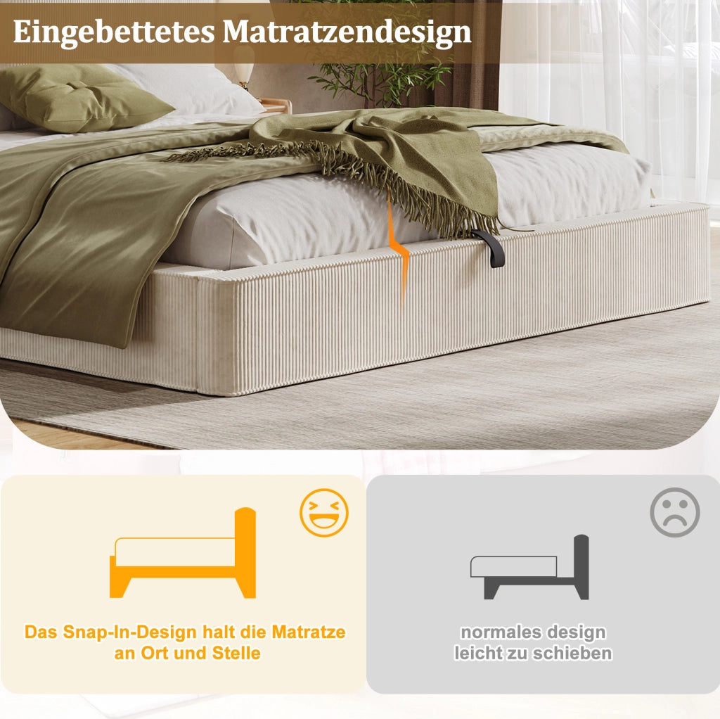 Letto matrimoniale 180x200 cm con contenitore e rete; velluto a coste beige