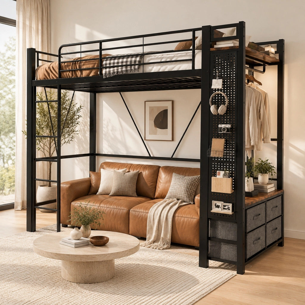 Letto a soppalco 90x200 nero con LED, USB, Type-C e materasso