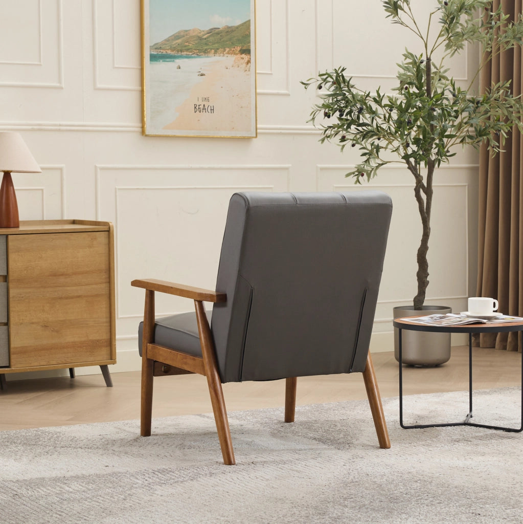 POLTRONA Lounge in pelle grigia e legno, con cuciture decorative