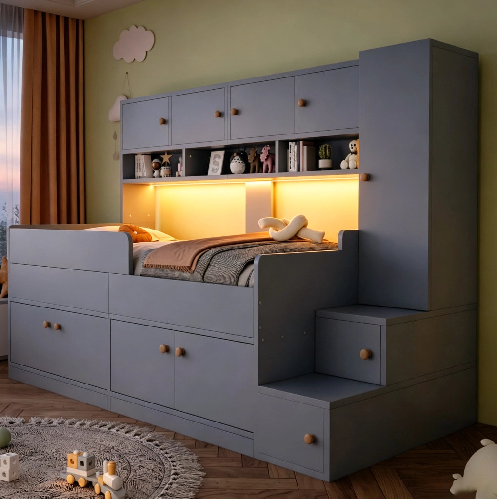 Letto per bambini 90 x 200 cm grigio con contenitori, armadio, scala e luci LED