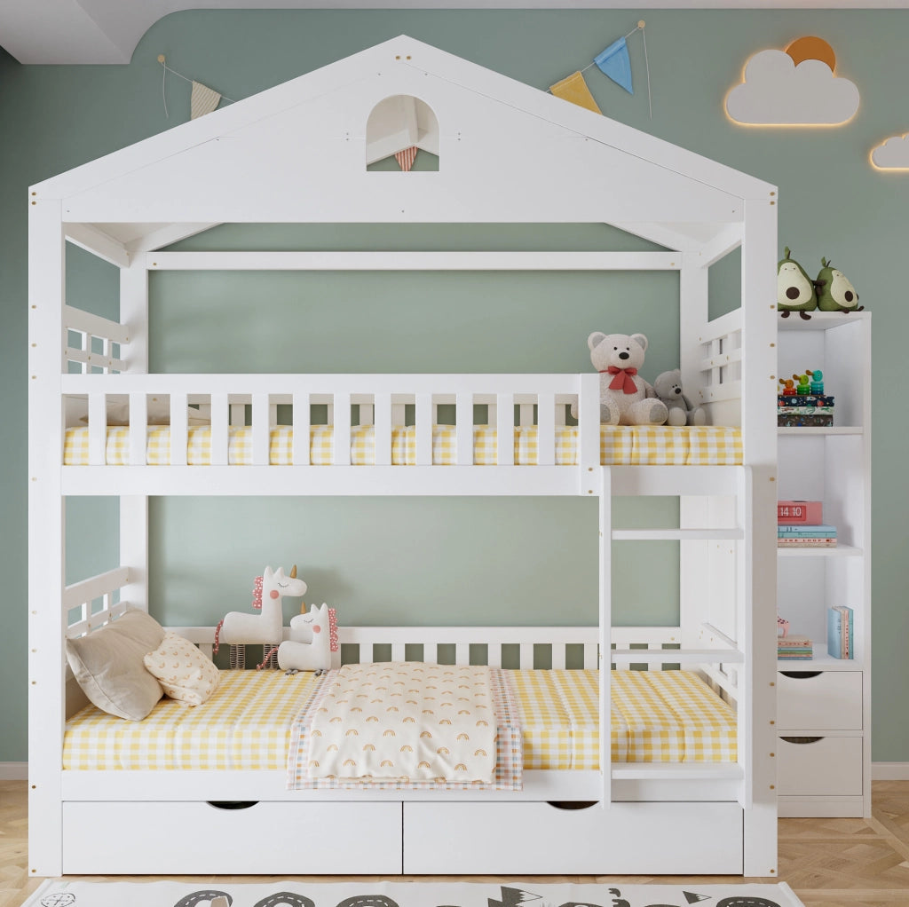 Letto a castello a casetta 90x200 cm bianco con cassetti