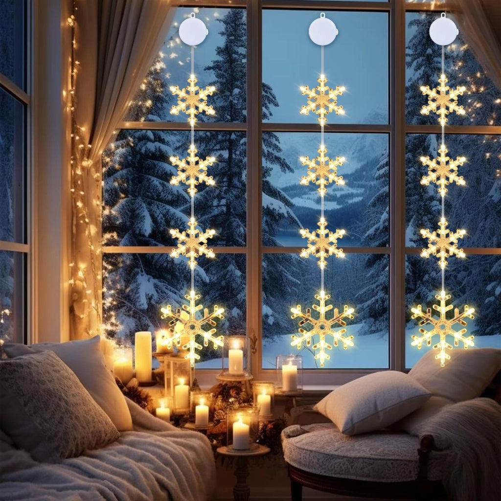 Set di 3 luci a LED a forma di fiocchi di neve per finestre, luce bianca calda, alimentate a batteria
