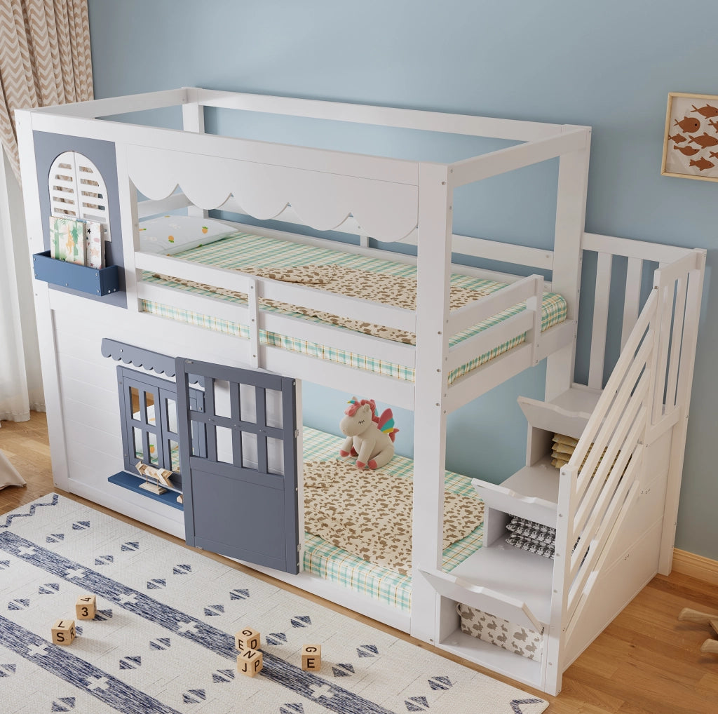 Letto rialzato per bambini 90x200 cm a casetta bianco e blu con scala contenitore