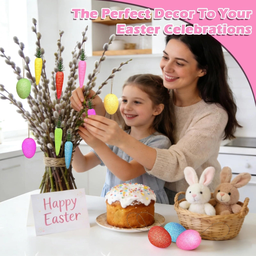 Uova di Pasqua e carote in schiuma, 12 pezzi, da appendere