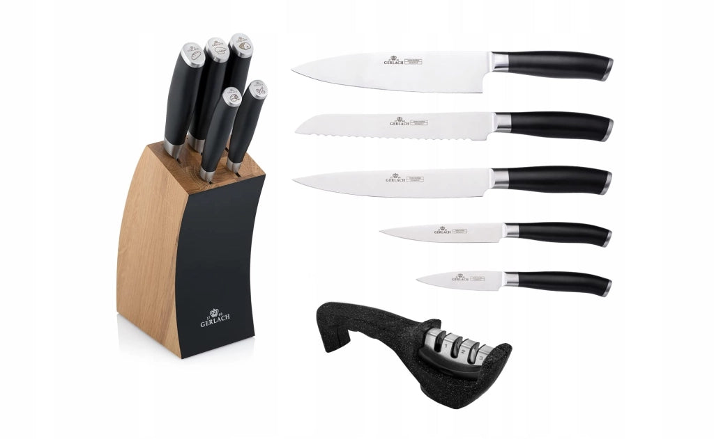Set di coltelli da cucina da 5 pezzi con base in legno, affilacoltelli, acciaio inossidabile, colore nero