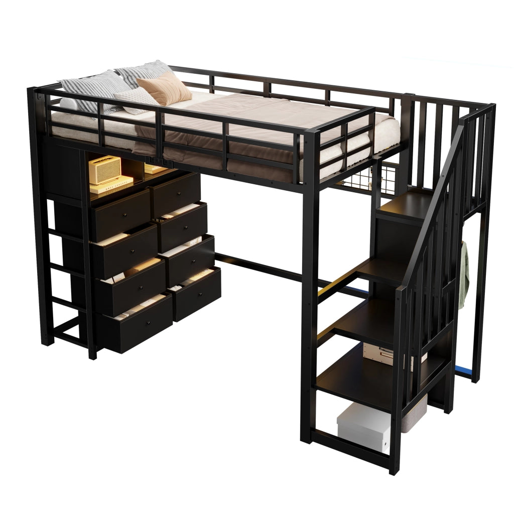 Letto a soppalco 90 x 200 cm nero con 8 cassetti, scala contenitore e illuminazione