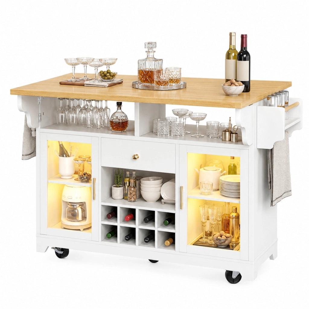 Carrello da cucina bianco con piano pieghevole e LED RGB