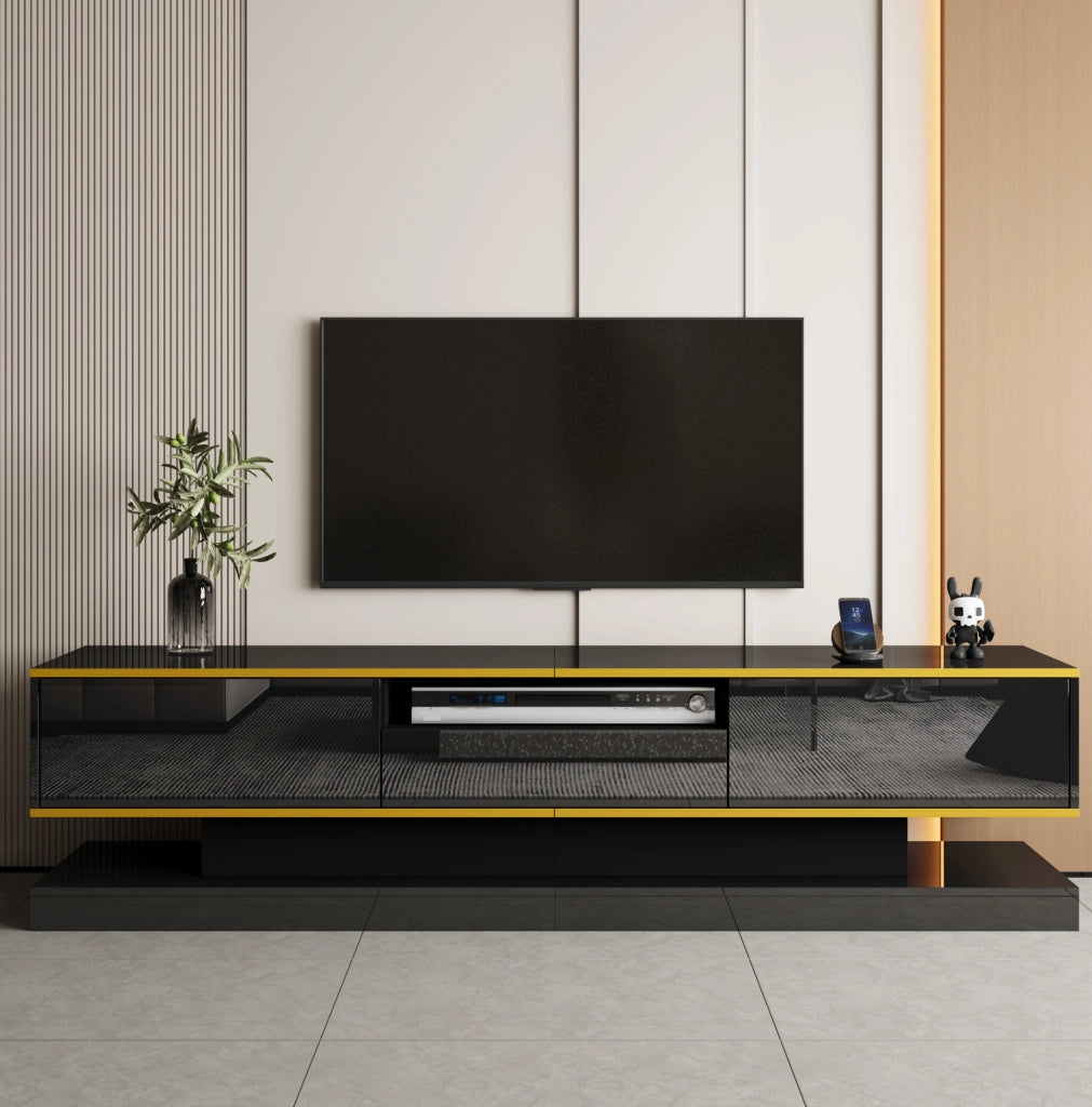 Mobile TV moderno nero lucido con tre cassetti e vano aperto, LED multicolore, 180x38x45 cm