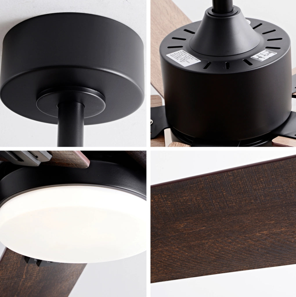 Ventilatore da soffitto 107 cm nero; metallo e legno con luce LED e telecomando