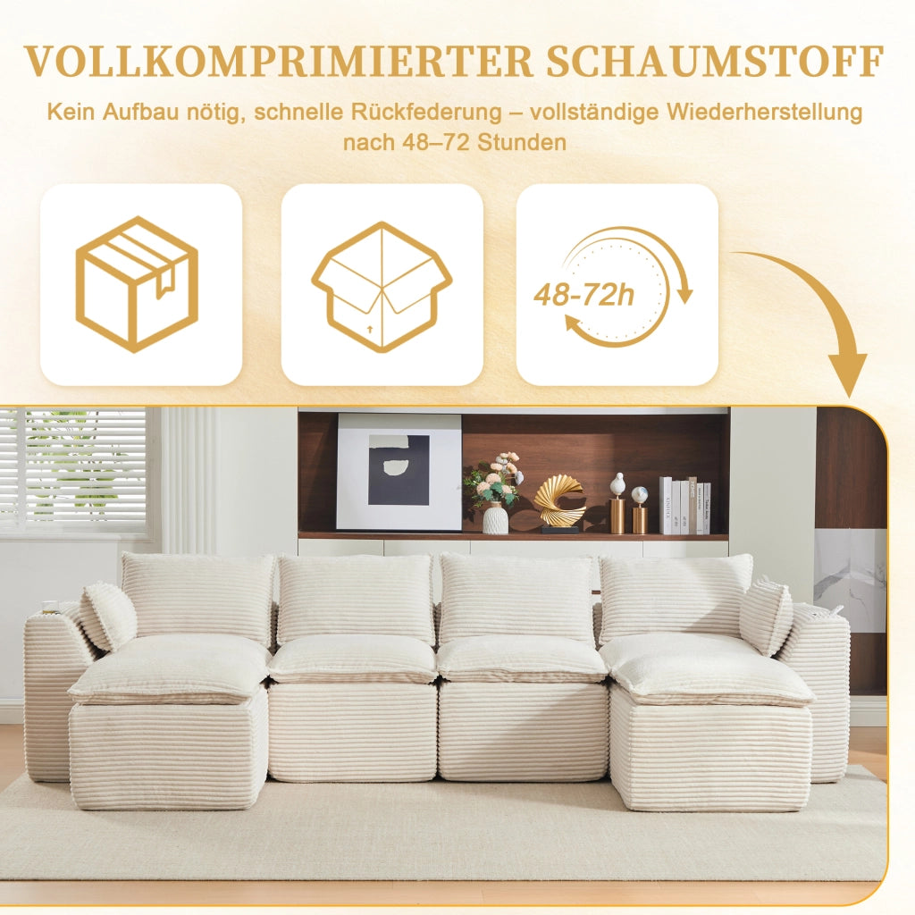 Divano modulare 4 posti in velluto a coste beige con 2 pouf