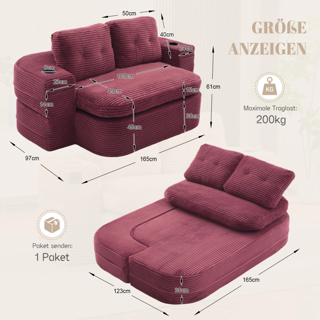 Poltrona trasformabile 2 in 1 in velluto a coste rosso vino con portabicchieri