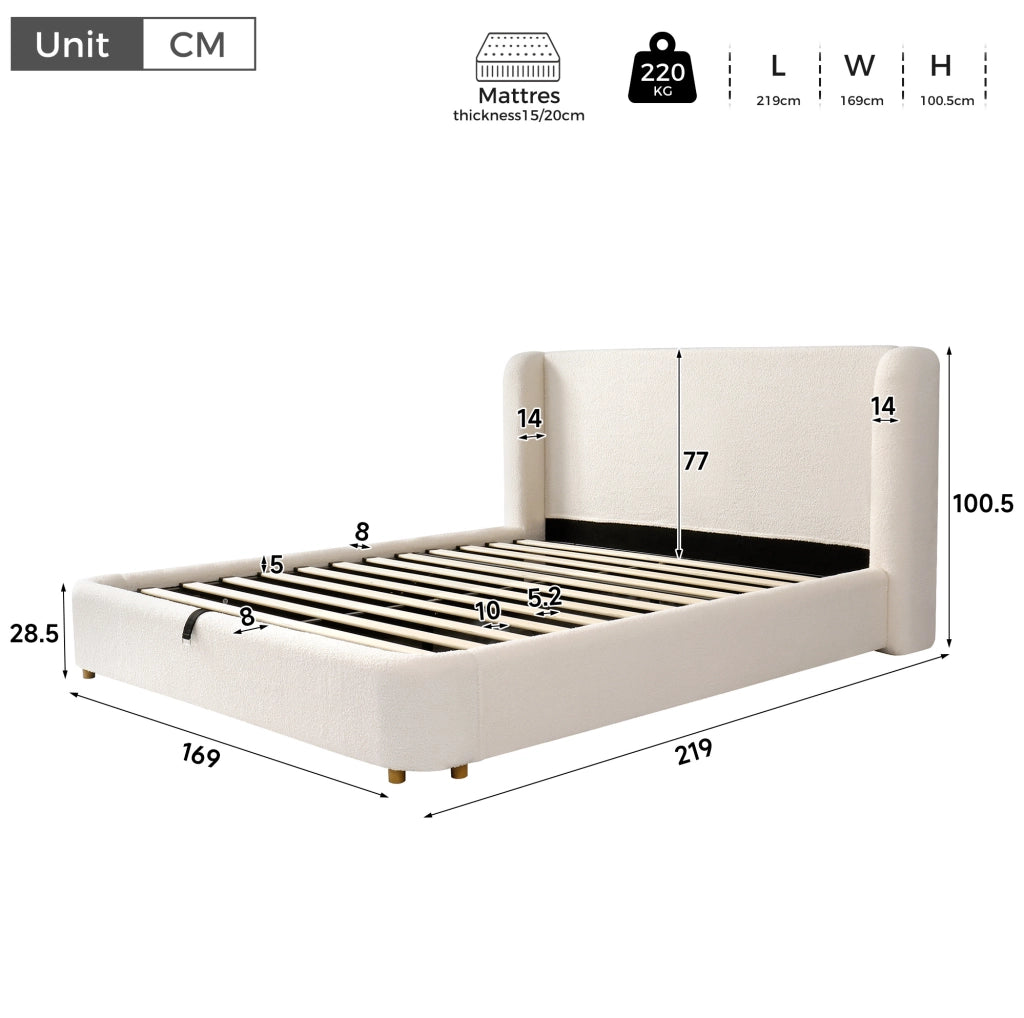 Letto contenitore imbottito in bouclé beige 140 × 200 cm