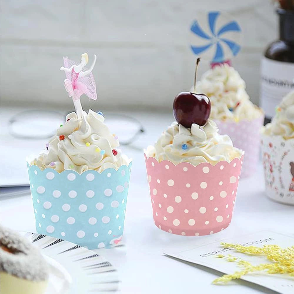 100 stampini di carta per cupcake, con pois, blu/rosa