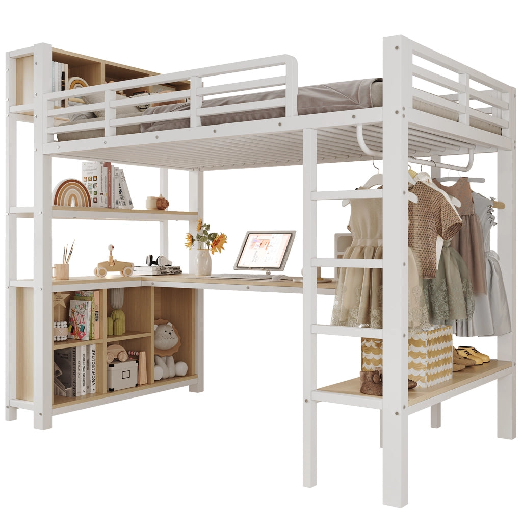 Letto a soppalco 90x200 cm con scrivania; appendiabiti; ripiani e vani in MDF e metallo bianco