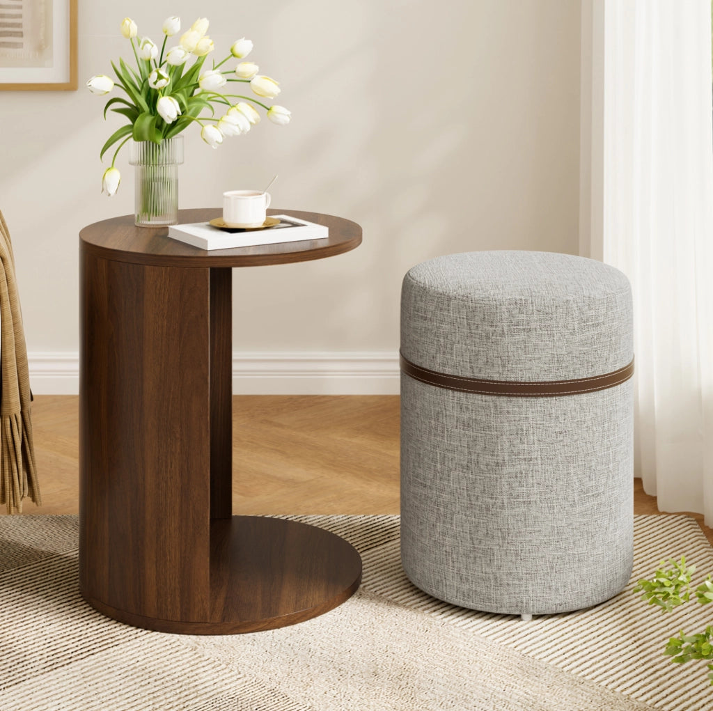 Set tavolino rotondo con pouf integrato 38x38x47;5 cm in MDF e pino; noce