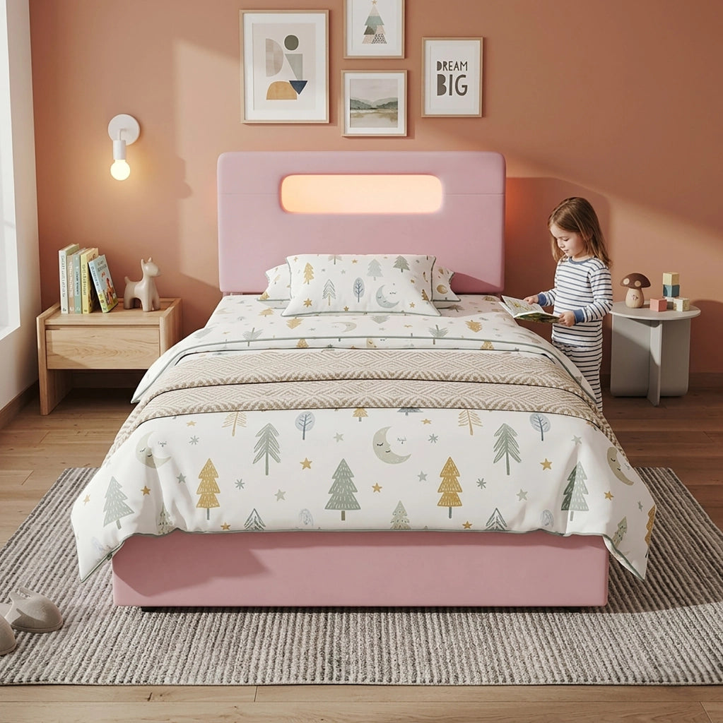 Letto imbottito per bambini 90x200 cm rosa con LED e cassetti