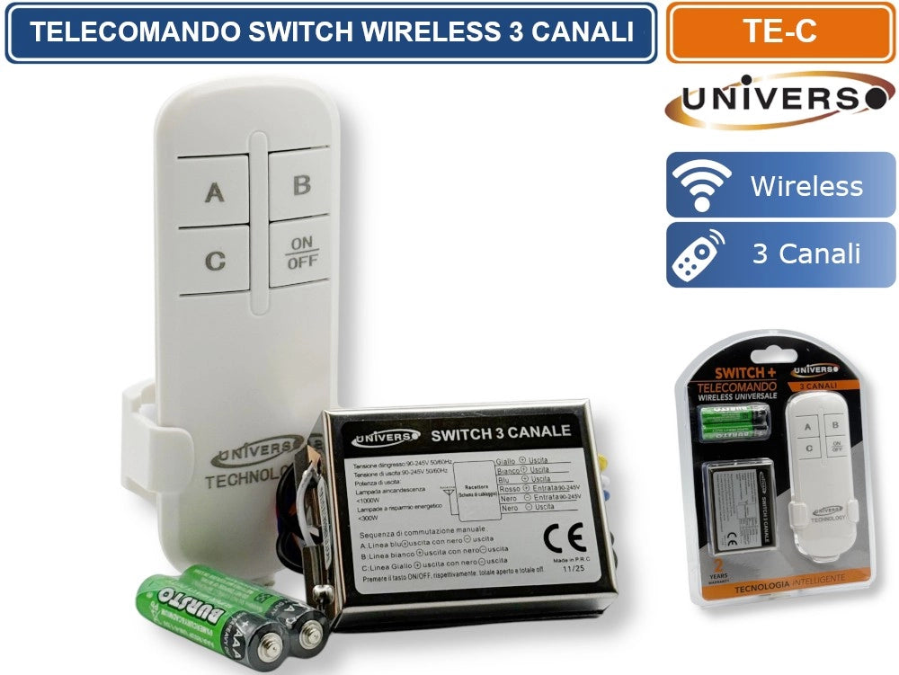 UNIVERSO TE-C TELECOMANDO WIRELESS SWITCH 3 CANALI ON/OFF PORTATA FINO A 100 M