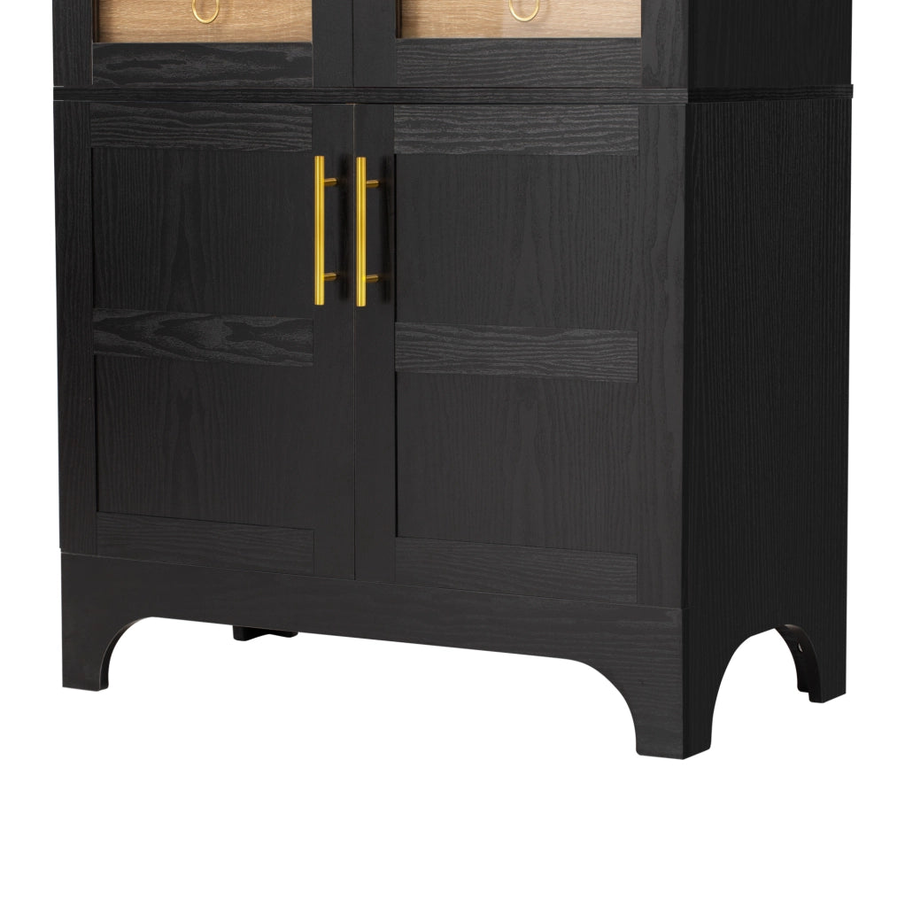 Credenza alta nera con vetro scanalato, ripiani regolabili e cassetti