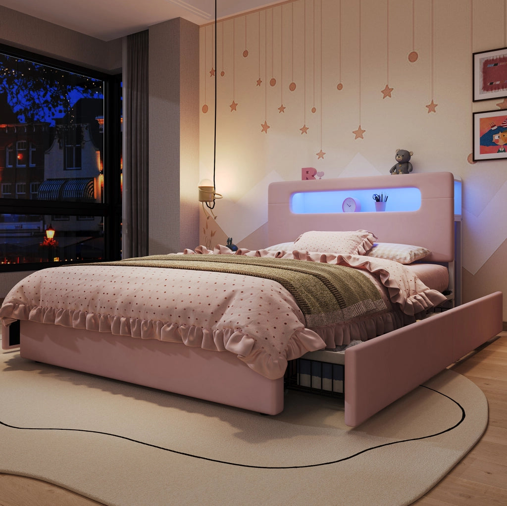 Letto imbottito per bambini 140 x 200 cm rosa con 4 cassetti e LED