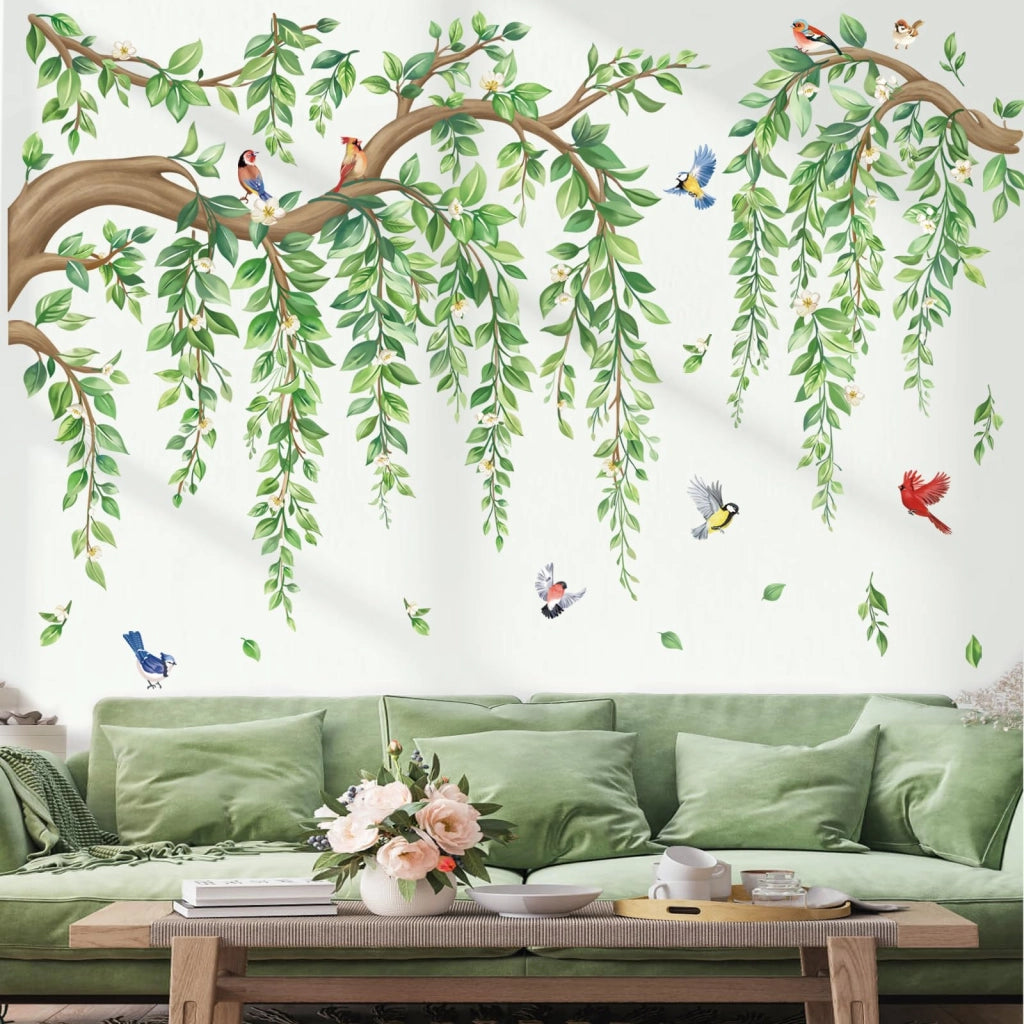 Adesivi murali a forma di albero con foglie, fiori e uccelli, 4 fogli da 30x90 cm