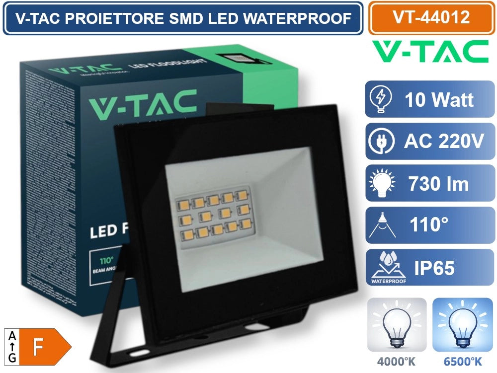 V-TAC VT-44012-B PROIETTORE FARO SMD LED ULTRASLIM 10W COLORE NERO DA ESTERNO IP65 - Colore Luce:Bianco Freddo