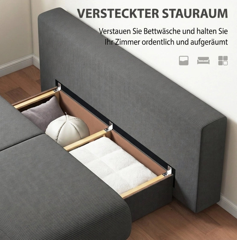 Divano letto 3 posti grigio con rivestimento a coste e vano contenitore