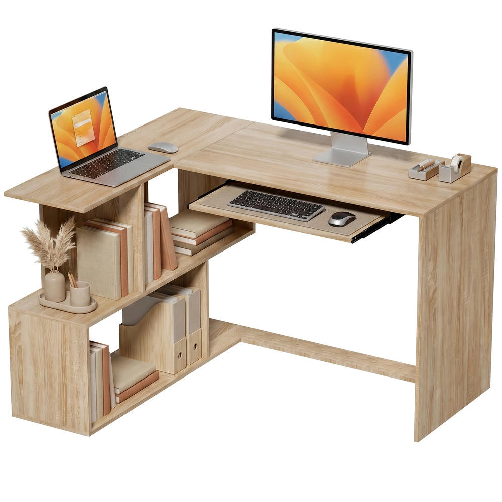 Scrivania Angolare per Computer a L 120 x 100 x 76 cm con Ripiano Tastiera e 4 Scomparti Naturale Salvaspazio per Studio