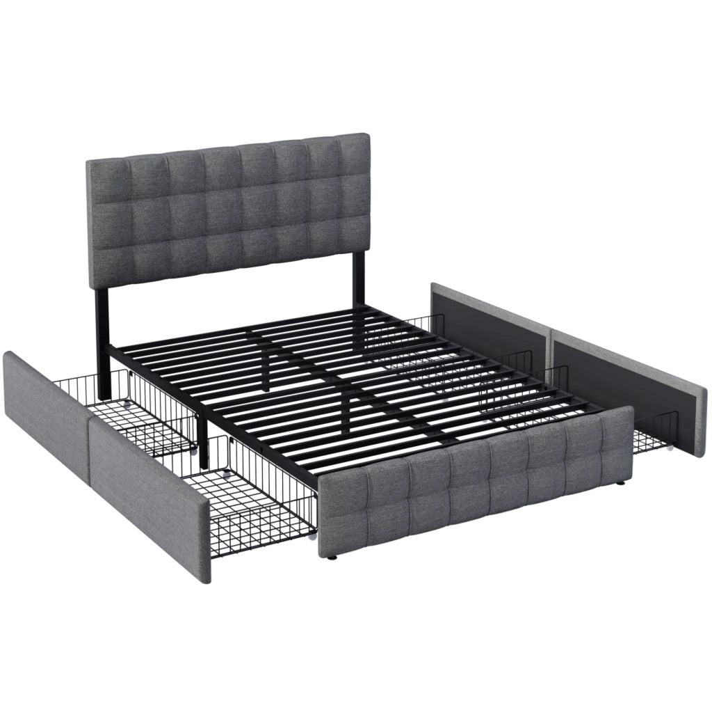 Letto imbottito matrimoniale 140x200 cm con 4 cassetti, testiera regolabile, grigio