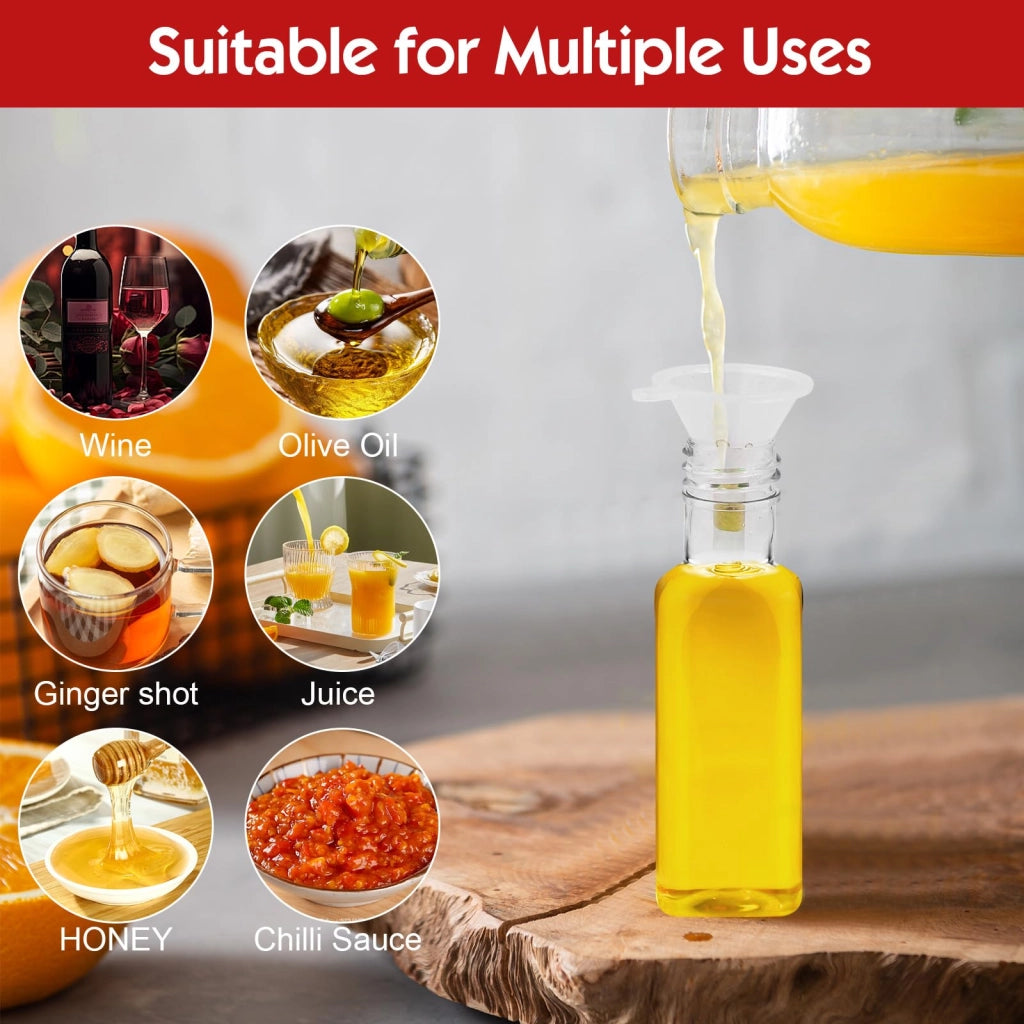 32 mini-bottiglie da 50 ml, in plastica, riutilizzabili, complete di accessori