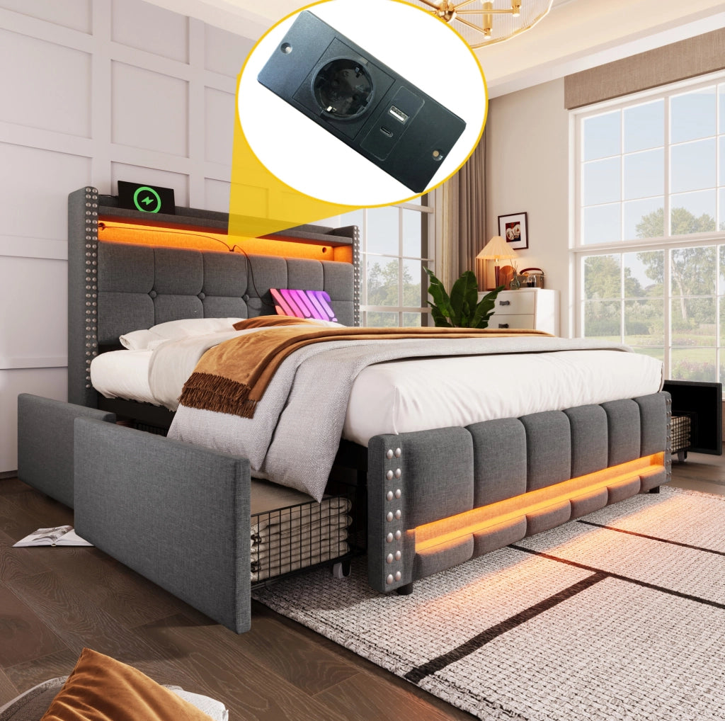 Letto matrimoniale imbottito 160x200 cm grigio con LED, USB, ripiani e 4 cassetti