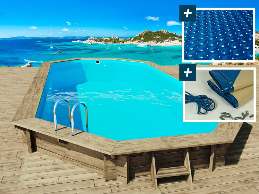 Piscina Di Legno " Sevilla " -  8.57 x 4.57 x 1.45 m + Telo di coperture a bolle d'aria da 180 µ + telo invernale da 280 gr/m²