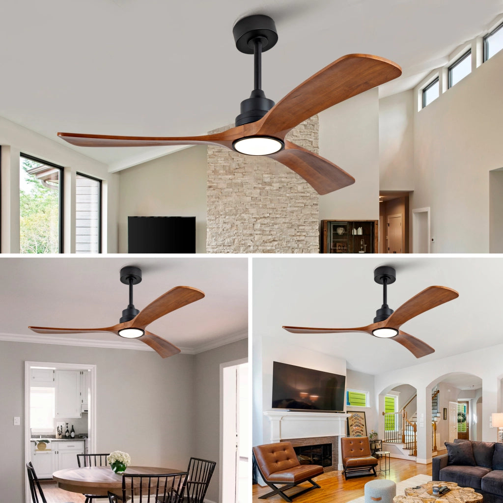 Ventilatore da soffitto con luce, 3 pale in legno, nero e noce scuro