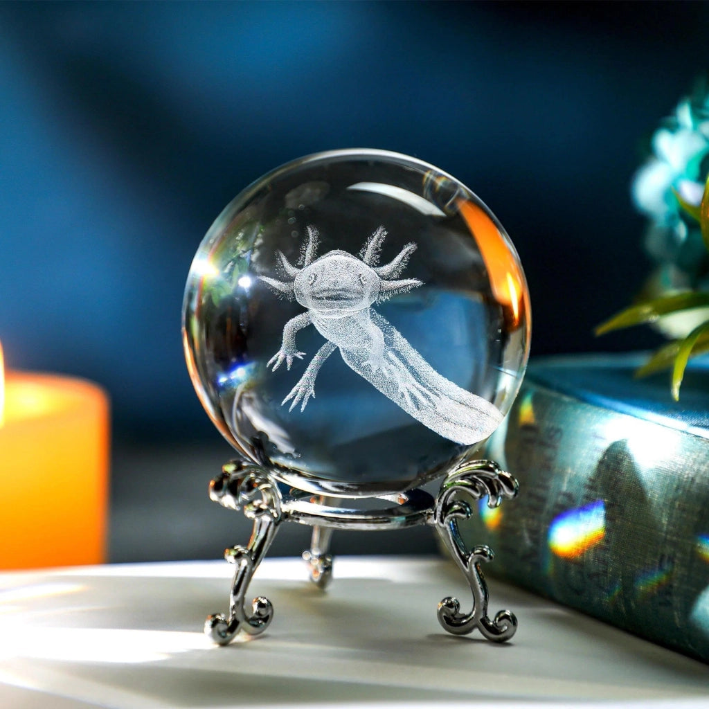 Axolotl, sfera di cristallo da 60 mm, sfera di vetro con incisione laser 3D e supporto