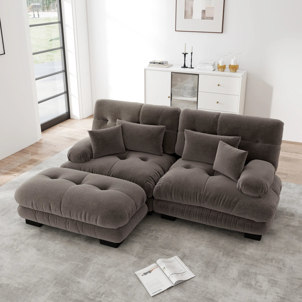 DIVANO modulare con pouf mobili in ciniglia marrone