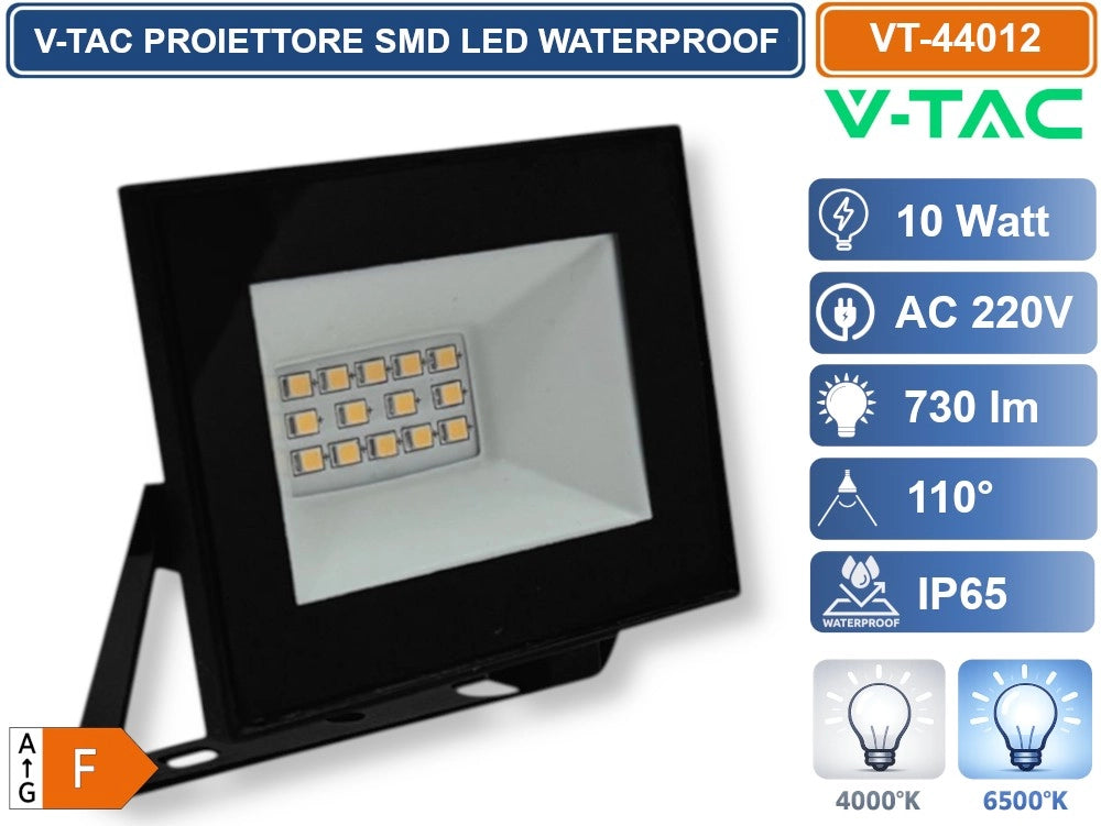 V-TAC VT-44012-B PROIETTORE FARO SMD LED ULTRASLIM 10W COLORE NERO DA ESTERNO IP65 - Colore Luce:Bianco Freddo